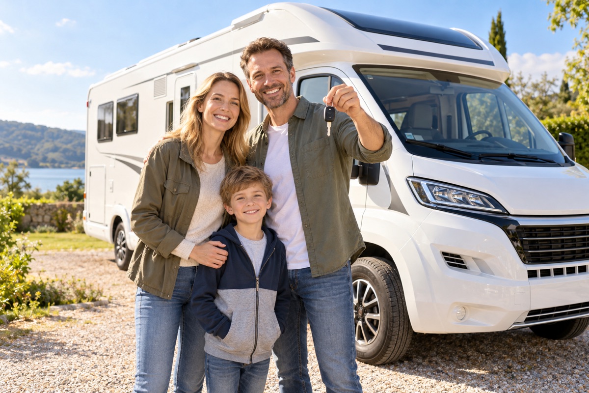 Familie bei der Übergabe eines Mietwohnmobils
