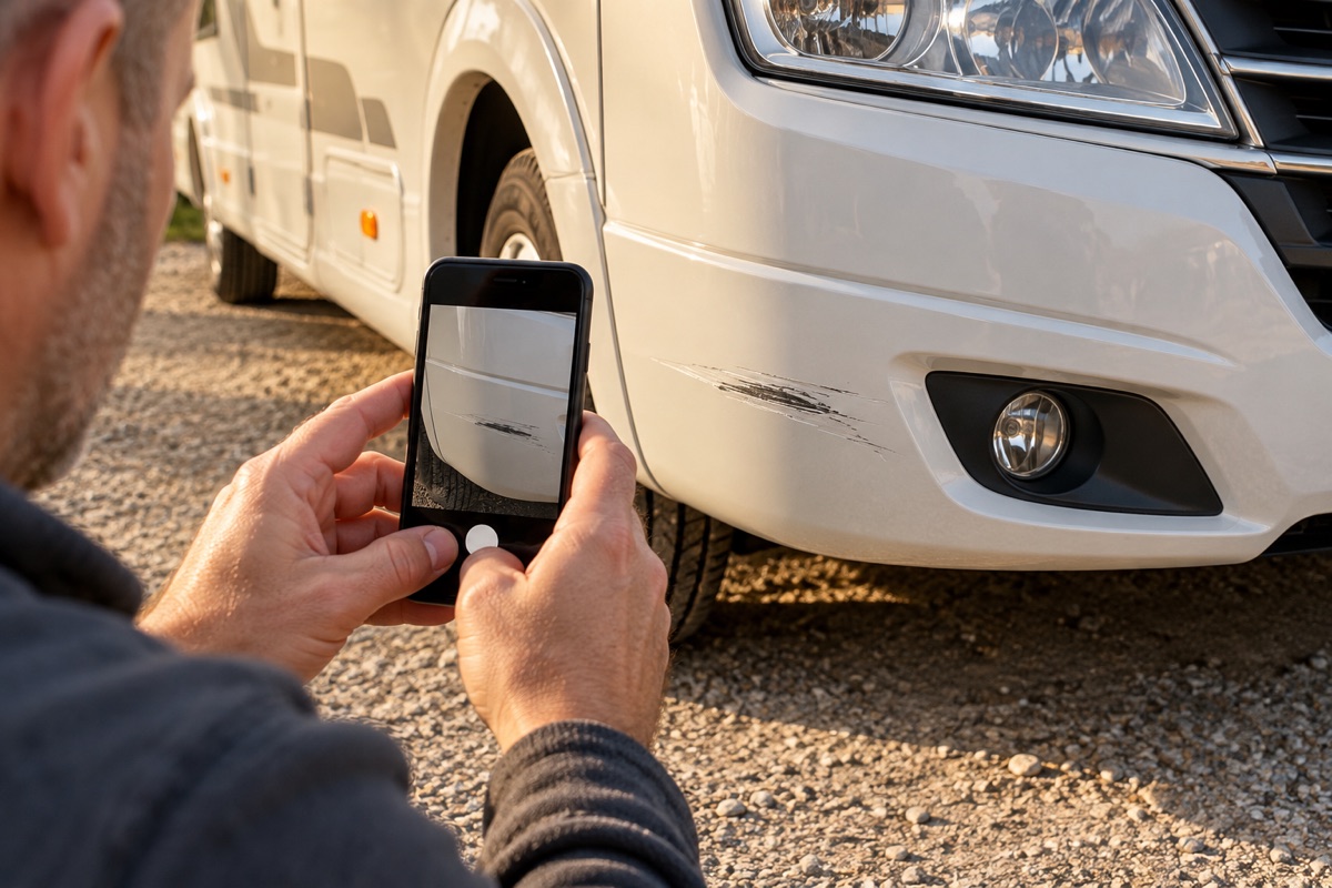 Kratzer am Mietwohnmobil mit dem Handy fotografieren