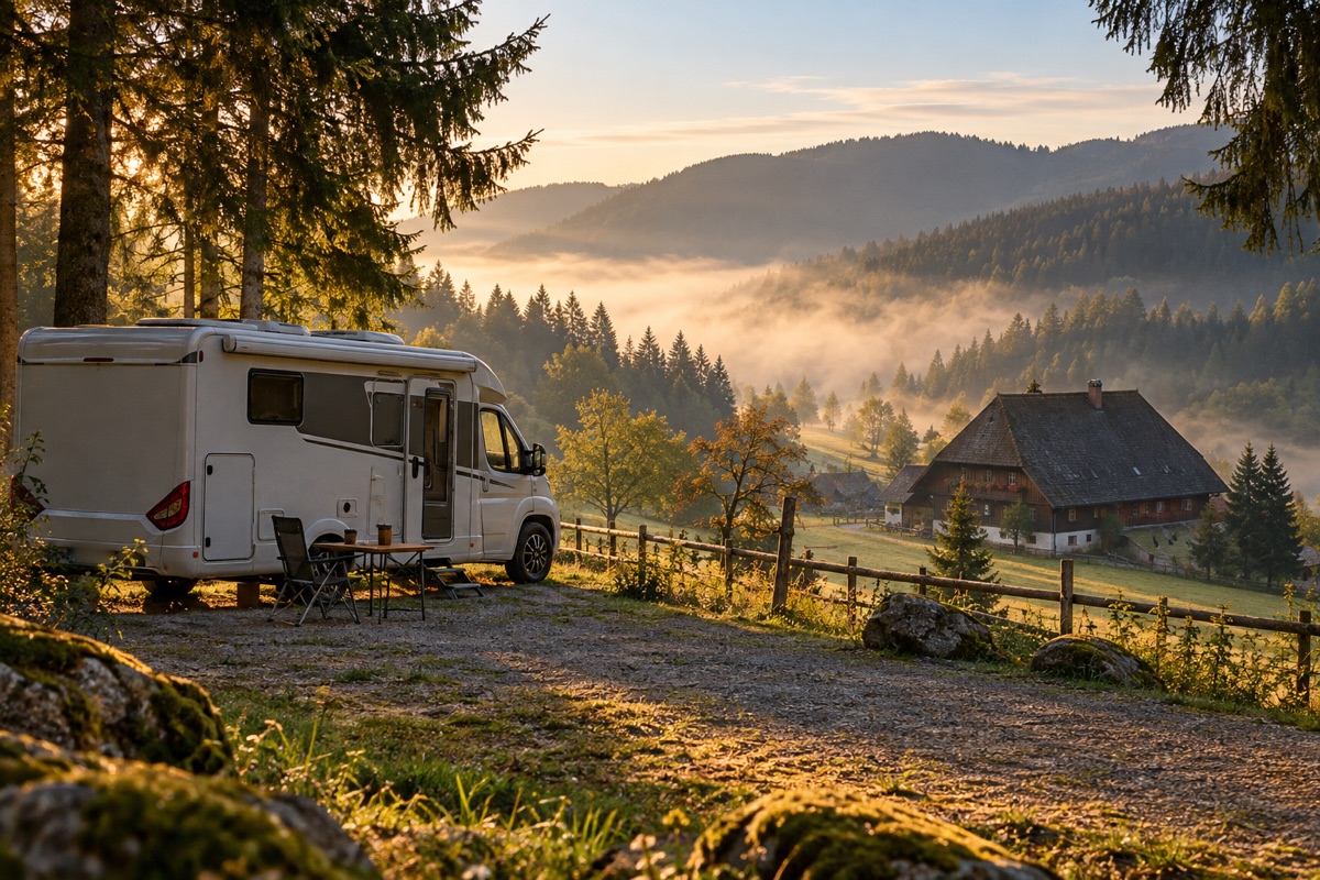 Wohnmobil am Waldrand im Schwarzwald mit Schwarzwaldhof