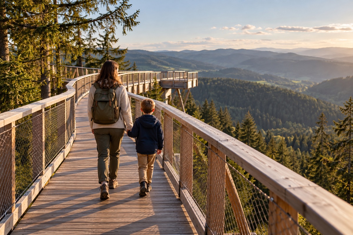 Mama und Sohn auf einem Baumwipfelpfad über dem Schwarzwald