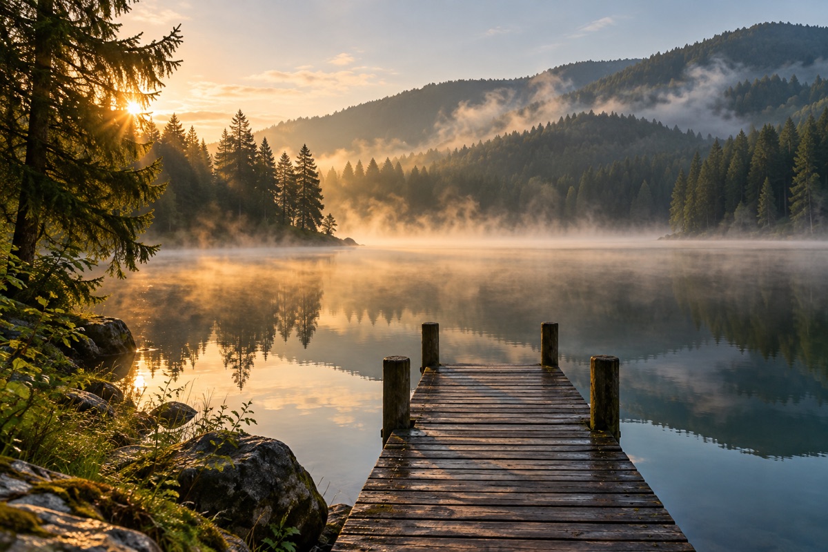 Ruhiger Schwarzwaldsee mit Holzsteg im Morgennebel