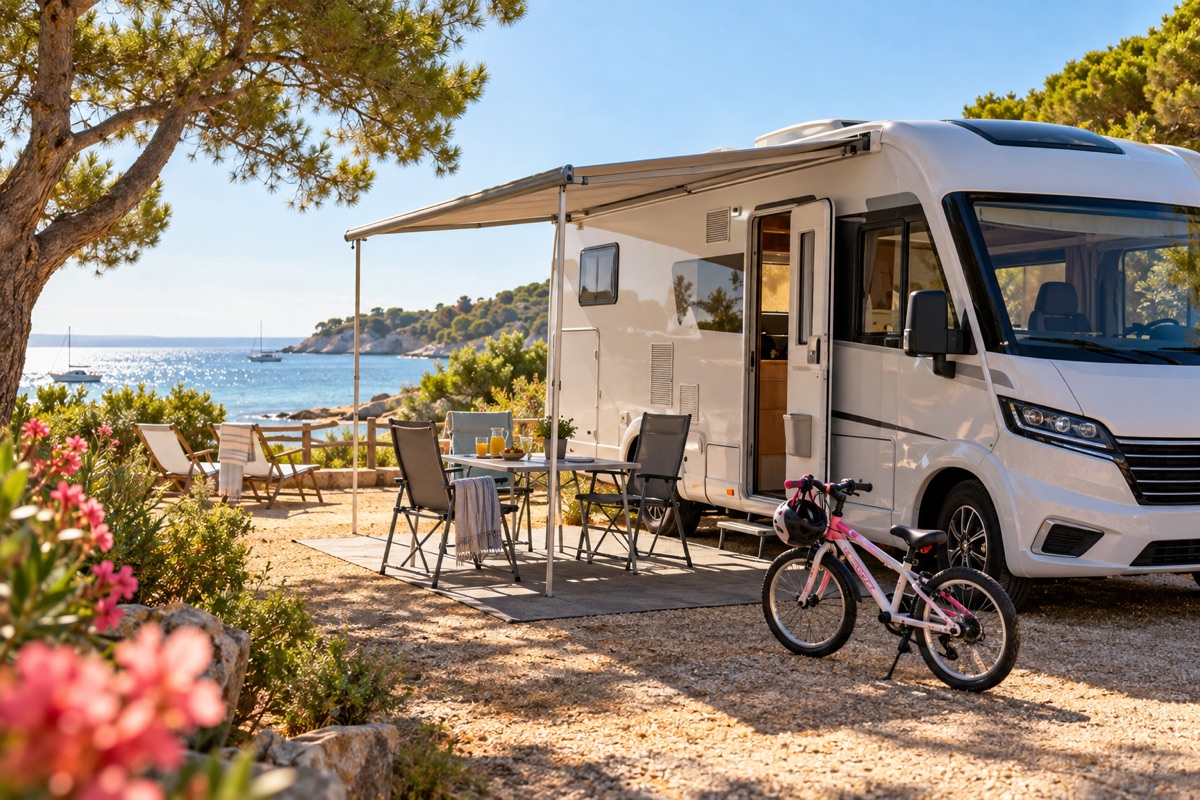 Wohnmobil mit Markise auf einem Campingplatz am Meer