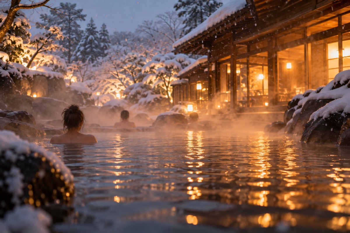 Dampfendes Thermal-Außenbecken im Winter