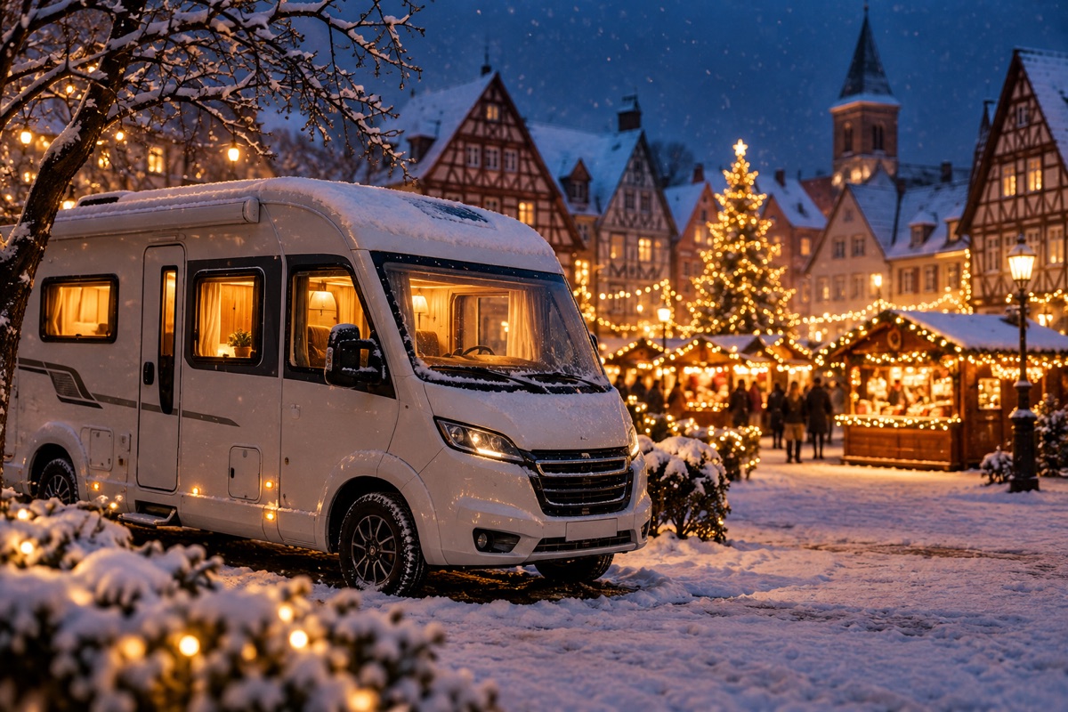 Wohnmobil auf verschneitem Stellplatz vor einem beleuchteten Weihnachtsmarkt