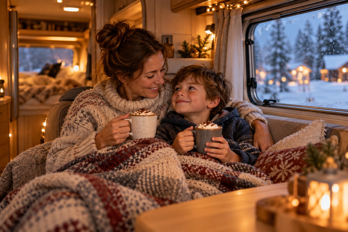 Mama und Sohn mit Kakao unter der Wolldecke im Wohnmobil