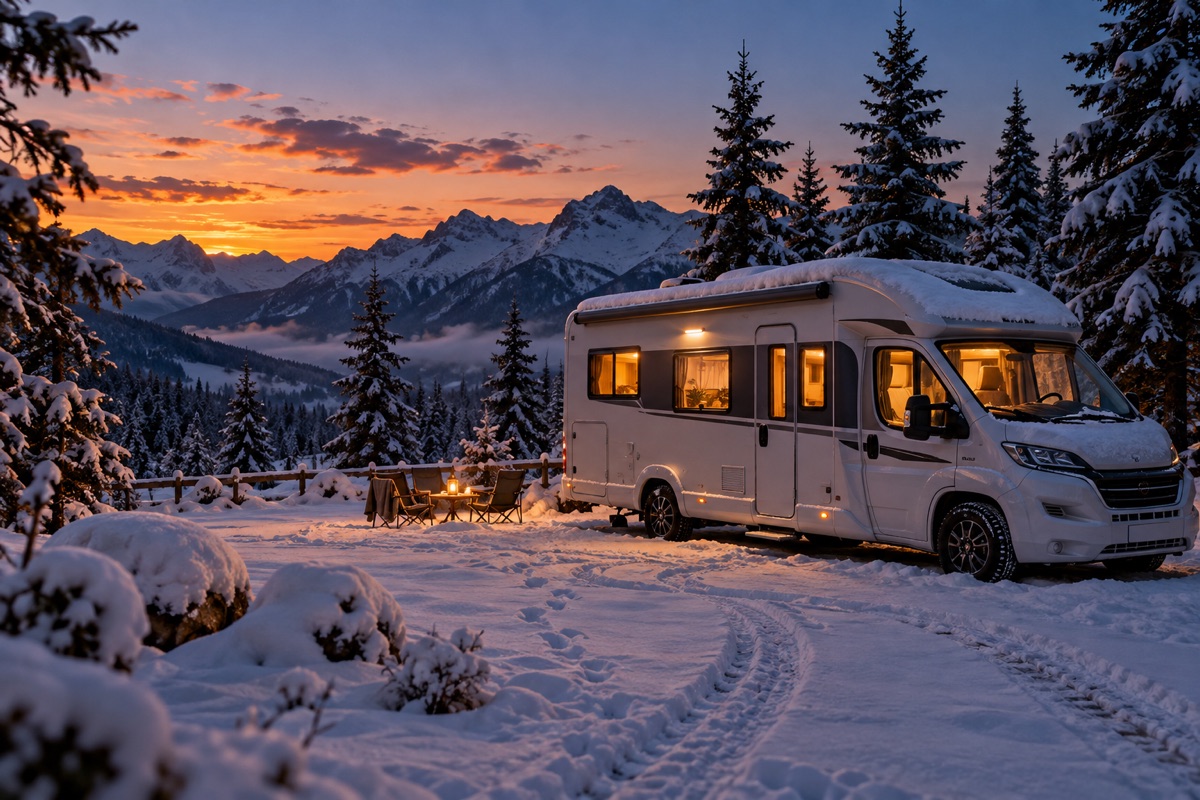 Wohnmobil auf verschneitem Campingplatz in den Bergen