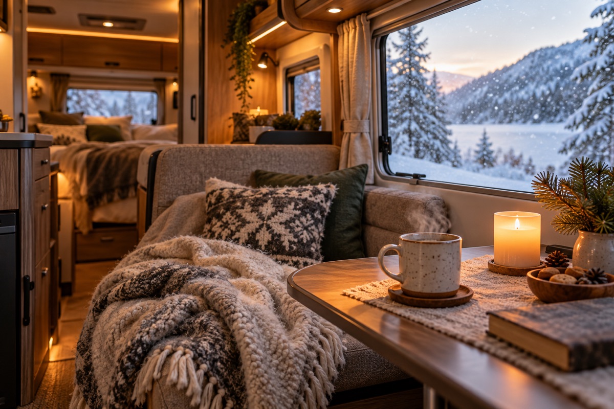Gemütlicher Wohnmobil-Innenraum mit Tee und Wolldecke im Winter