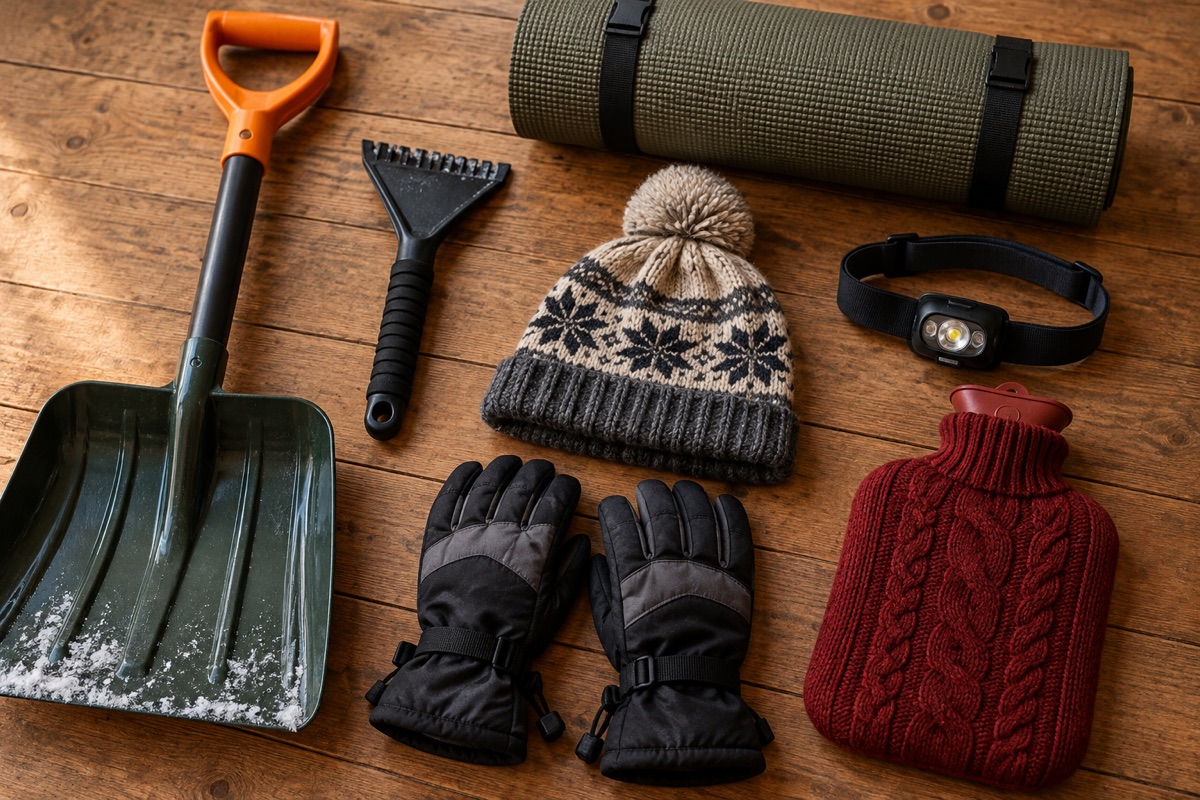 Schneeschaufel, Eiskratzer, Mütze, Handschuhe und Wärmflasche für das Wintercamping
