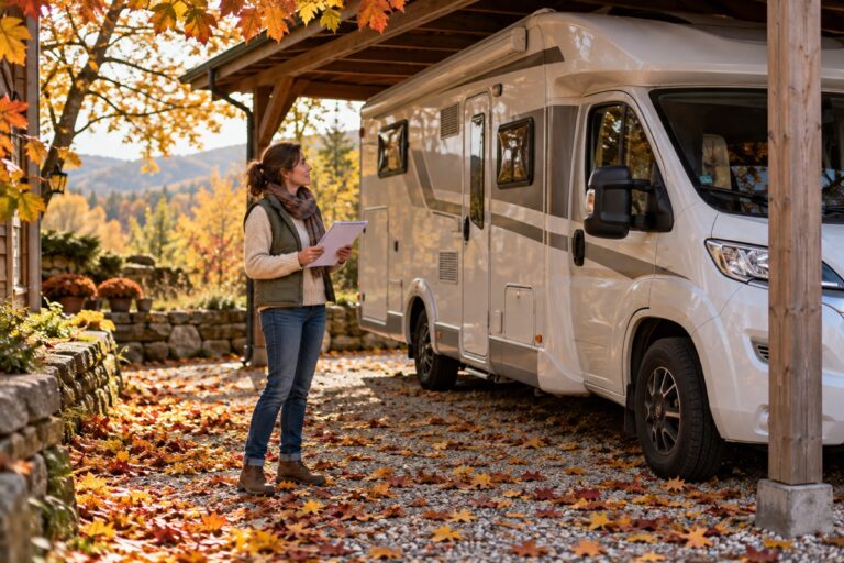 Frau mit Checkliste vor dem Wohnmobil unter dem Carport im Herbst